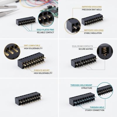 Đầu nối female header góc vuông 2.54MM hàng đôi 04P-80P Gold Flash PA6T PCB xuyên lỗ