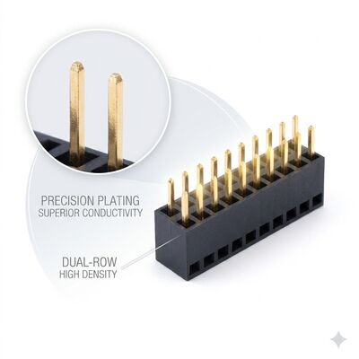 Đầu nối female header góc vuông 2.54MM hàng đôi 04P-80P Gold Flash PA6T PCB xuyên lỗ
