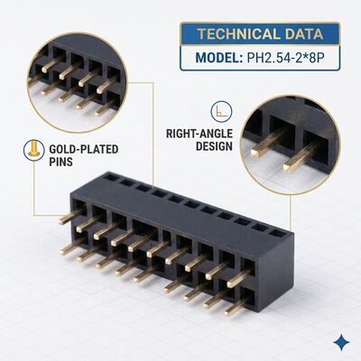 Đầu nối female header góc vuông 2.54MM hàng đôi 04P-80P Gold Flash PA6T PCB xuyên lỗ